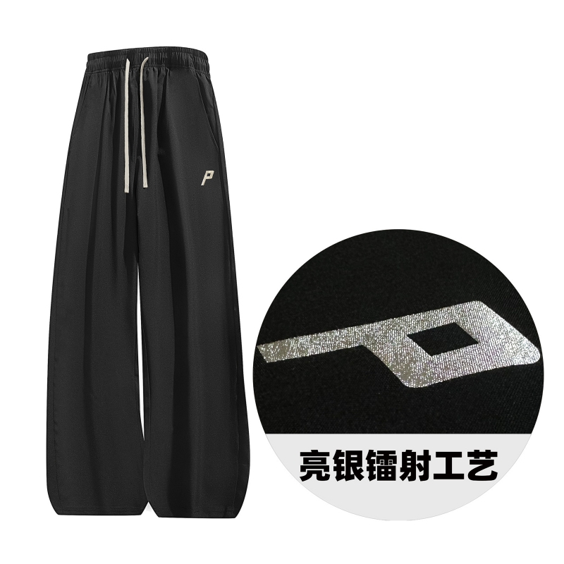 Picca冰丝薄款速干镭射亮银Logo宽松直筒休闲百搭通勤长裤男春秋