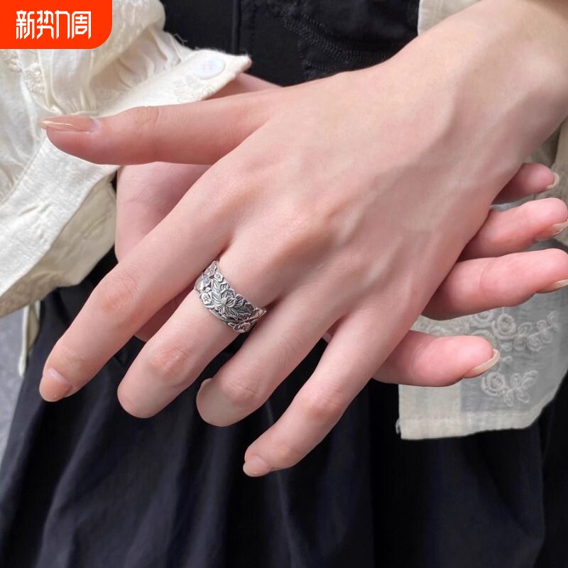 复古做旧银色莲花开口戒指女古着vintage时尚轻奢高级指环可调