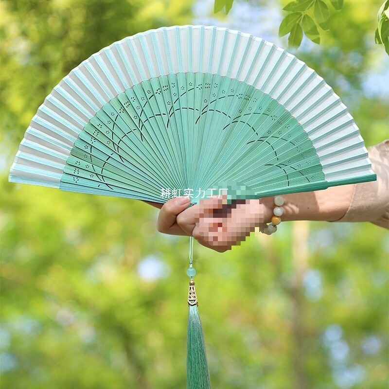 新中式旗袍折扇中国风女扇渐变色汉服扇子夏季便携折叠古风小扇子