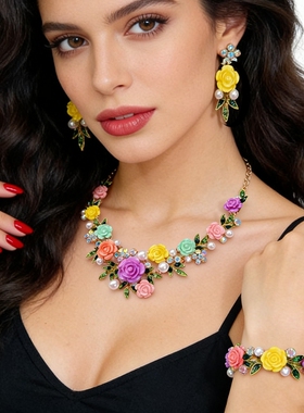 环保满钻山茶花项链手链耳环套装宫廷轻奢礼服小众珍珠锁骨链配饰