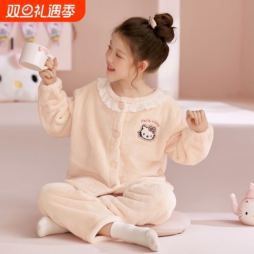 女童睡衣法兰绒中大童加绒家居服