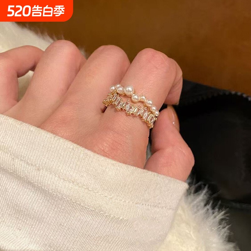 锆石珍珠双层金属开口戒指女轻奢复古显白精致时尚百搭指环戒指