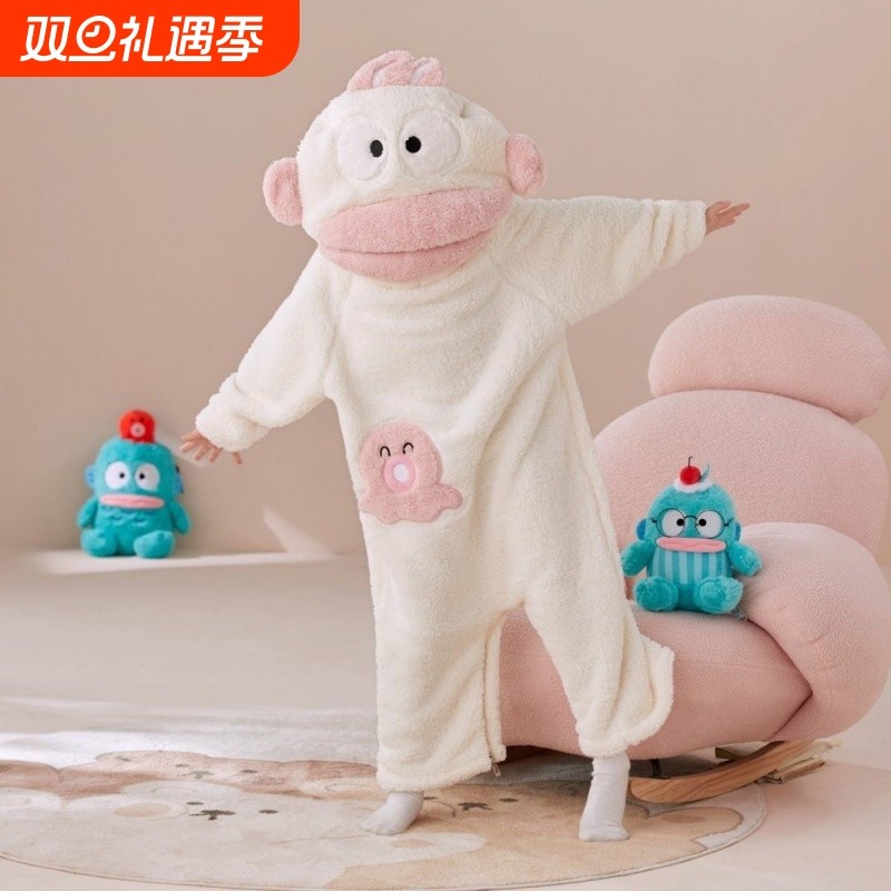 白色丑鱼睡衣大嘴鱼连体珊瑚绒秋冬季加厚保暖搞怪亲子睡袍可外穿
