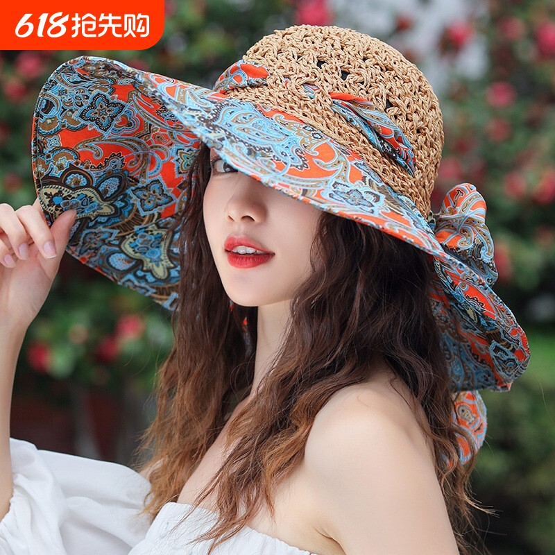 夏天大檐波西米亚草编帽子女海边沙滩遮阳防晒防紫外线太阳帽草帽