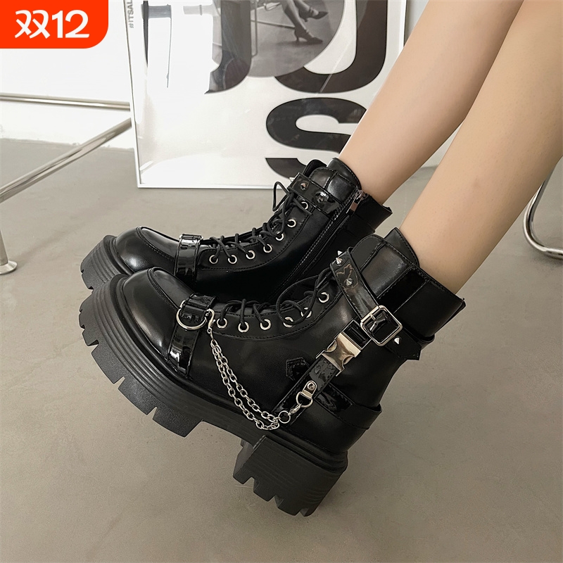 热风圈甜酷厚底马丁靴女2025年秋季新款黑色百搭机车靴增高英伦风