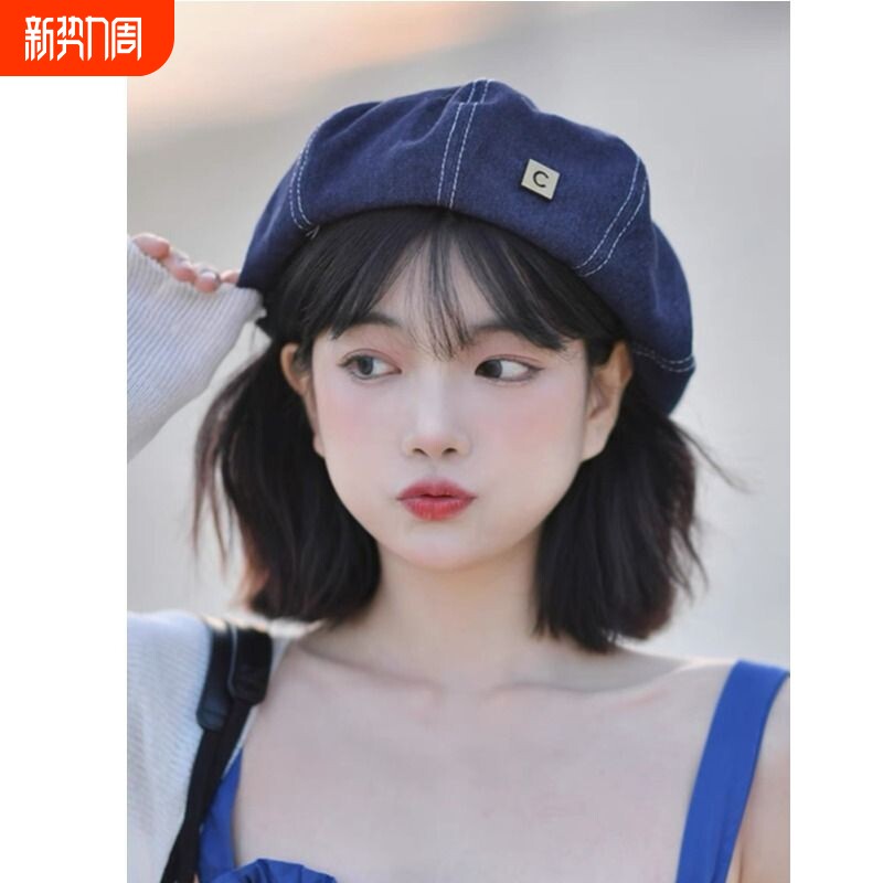 新款牛仔贝雷帽金属标画家八角帽复古春云朵帽子小众百搭报童帽