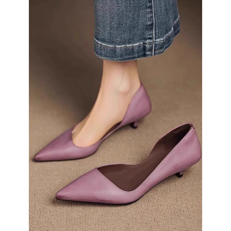 法式尖头中跟四季工作通勤鞋2026新款超火紫色侧空猫跟春秋单鞋女