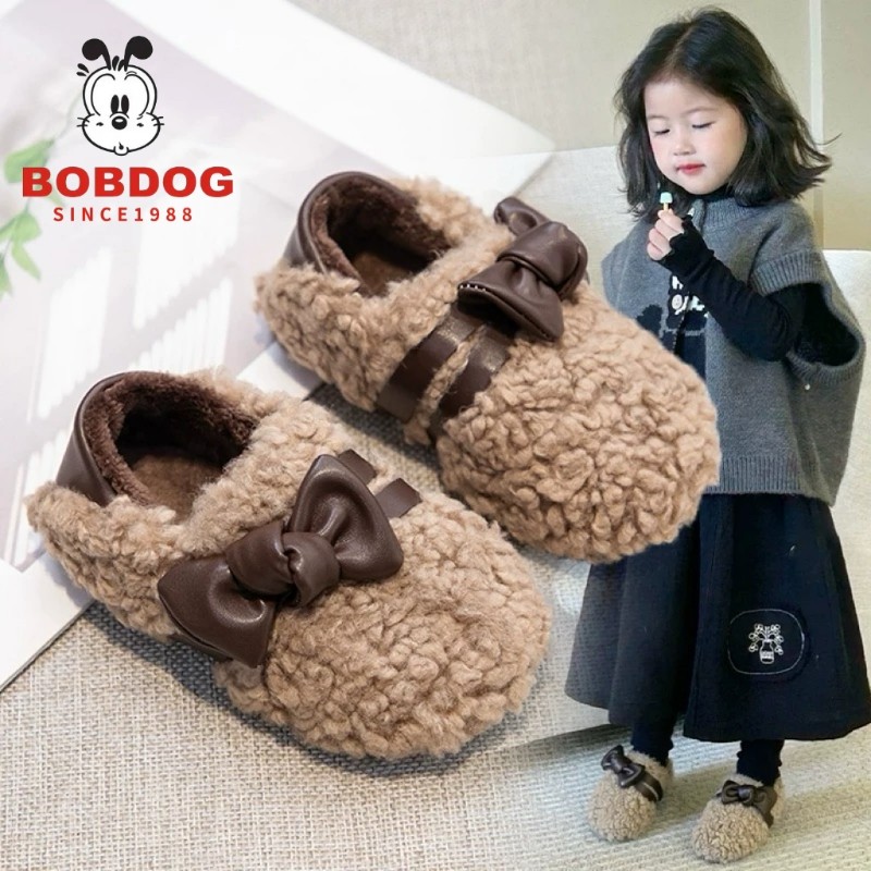 巴布豆女童毛毛鞋2025新款冬季儿童女孩加绒保暖二棉鞋软底公主鞋