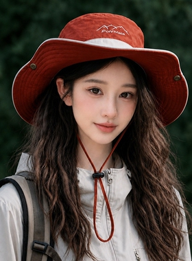 2026新款山系红色渔夫帽子女款户外大头围宽檐显脸小防晒登山帽子