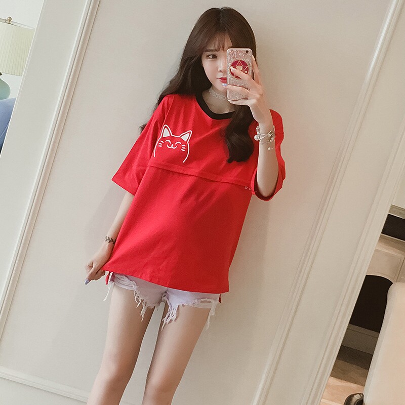 8319产后哺乳衣外出夏装哺乳上衣短袖卡通印花哺乳T恤红色喂奶衣