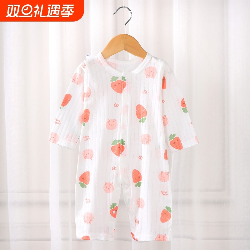 婴儿连体衣全棉长袖对开爬服薄款睡衣夏季新款短袖哈衣男女童