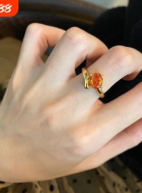 芬达石羽毛拉丝戒指女中古回流风高级感轻奢蛋形橙色钻时尚戒指