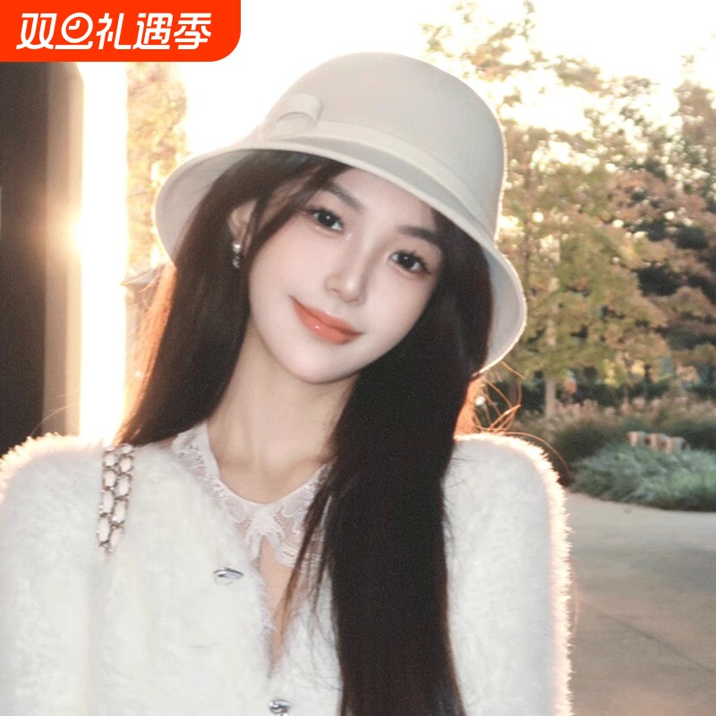 赫本风羊毛呢渔夫帽帽子女秋冬法式留洋千金小礼帽冬季白色兔毛