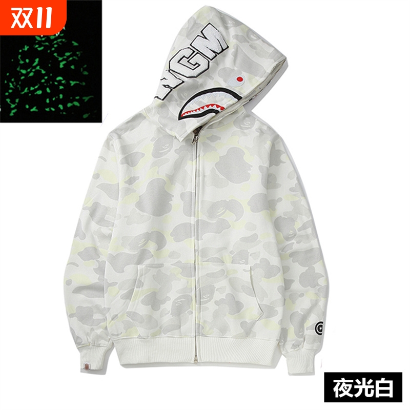 潮牌APE连帽卫衣夜光高版本版SHARK APE鲨鱼迷彩拉链外套秋冬亲子