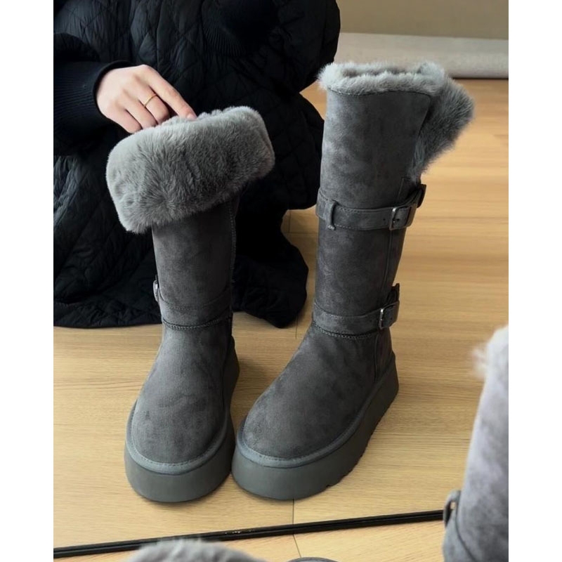 厚底灰色长筒雪地靴女2025冬季新款增高加绒加厚高筒东北大棉鞋子