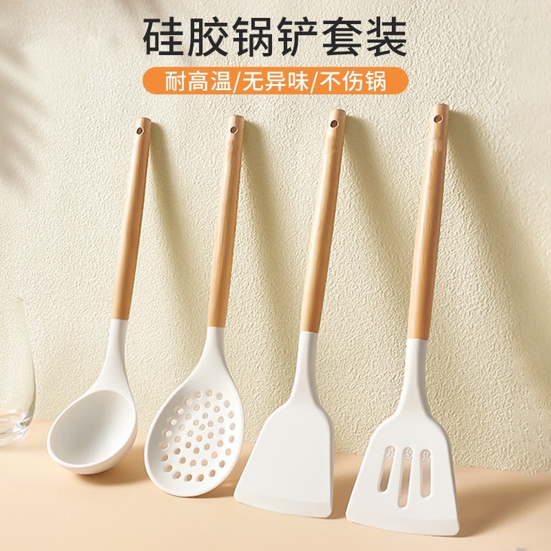 现货木柄硅胶厨具三件套汤勺锅铲