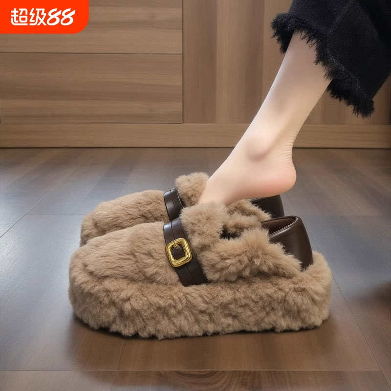 两穿毛毛鞋女2025年新款冬季厚底增高皮带扣加绒保暖一脚蹬棉鞋