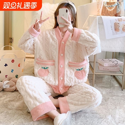 秋冬季珊瑚绒睡衣女学生宿舍加厚加绒法兰绒家居服套装可外穿冬天