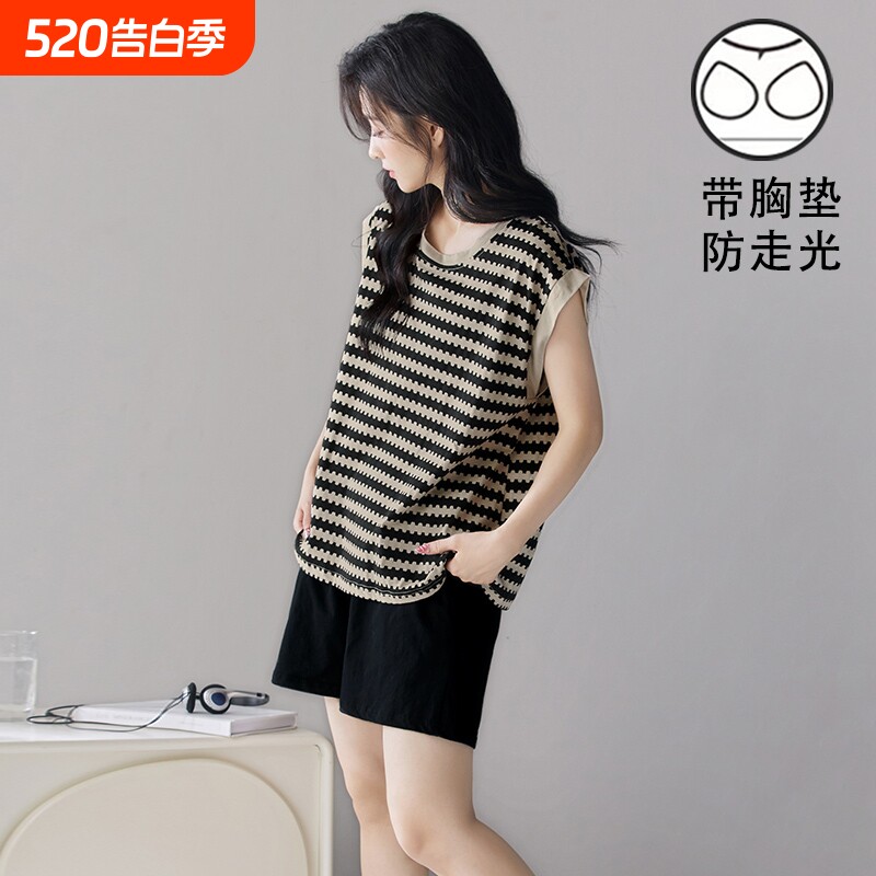 带胸垫夏季可外穿无袖睡衣女2025年宽松短裤家居服套装新款