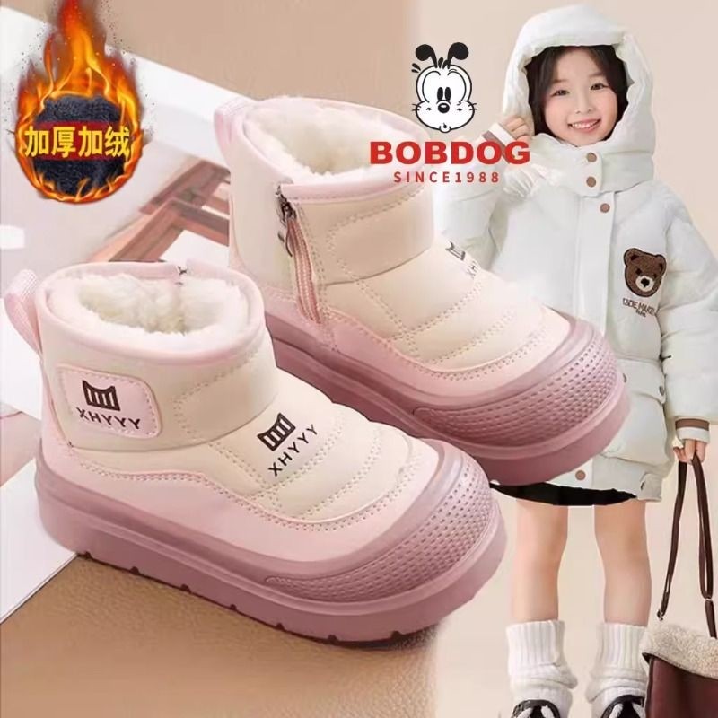 巴布豆女童皮毛一体雪地靴2025新款秋冬季防水加绒女孩防滑抗寒