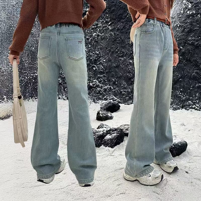 女童秋冬洋气修身牛仔微喇裤