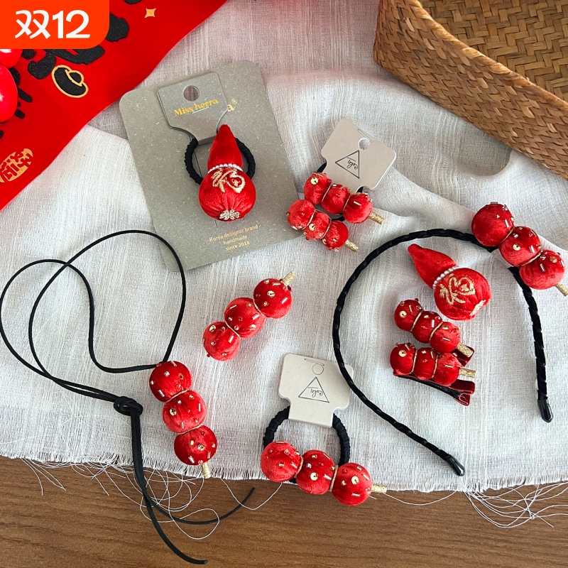 儿童新年糖葫芦发夹过年女孩刘海夹宝宝可爱红色丝绒头绳复古发饰