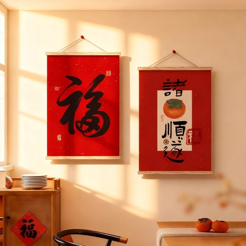 新中式门幅2026红色玄关马年壁画新年饰品卷轴实木挂轴挂画