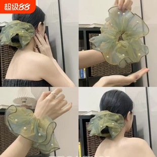 初春感人鱼色薄荷绿流光纱钉珠发圈高颜值爆款后脑勺盘发法式高级