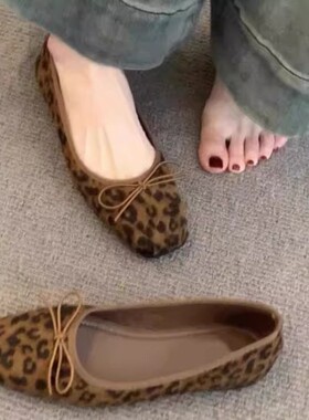 意尔康心选法式复古蝴蝶结豹纹浅口单鞋女春秋新款一脚蹬休闲女鞋