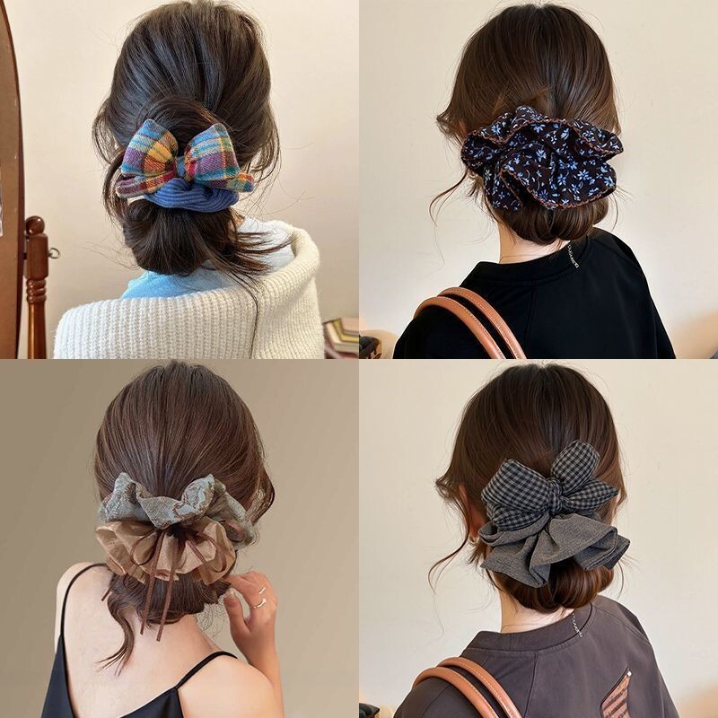 秋冬复古ins彩虹格子蝴蝶结大肠头绳发圈丸子2025马尾发绳新款