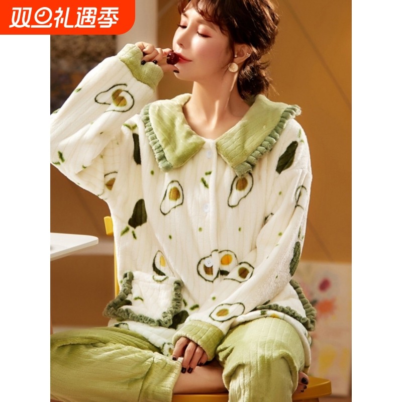 红豆珊瑚绒睡衣女秋冬加厚加绒长袖毛绒法兰绒家居服大码套装网红