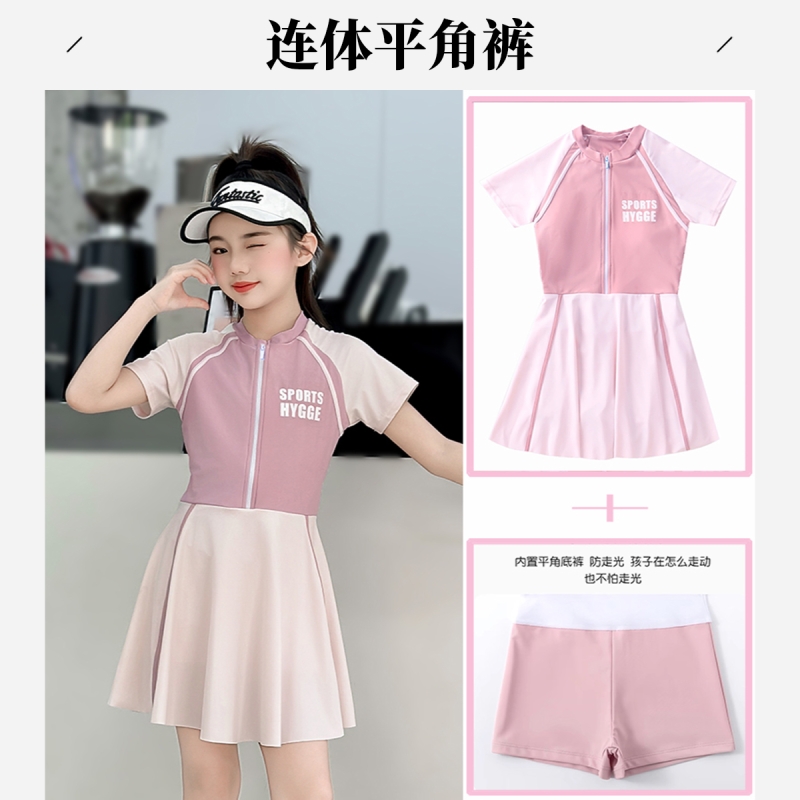 儿童泳衣女孩连体学生训练游泳衣小中大童泡女童泳装带胸垫平角
