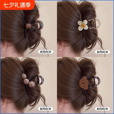 单面高级感后脑勺抓夹盘发鲨鱼夹子头饰头发高档百搭轻奢花朵三件