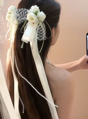 田园花仙绝美白色蕾丝飘带花朵发夹仙女气质边夹氛围感拍照头饰