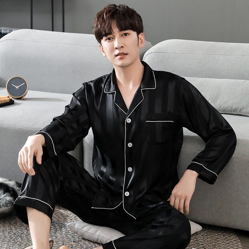 热风圈冰丝男士睡衣家居服春秋薄款丝绸夏季两黑色简约条纹休闲