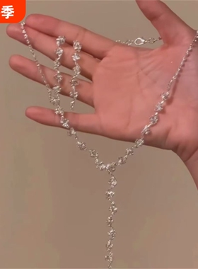 zoozmomo超闪银色闪钻流苏项链耳环女轻奢小众高级感晚礼服锁骨链