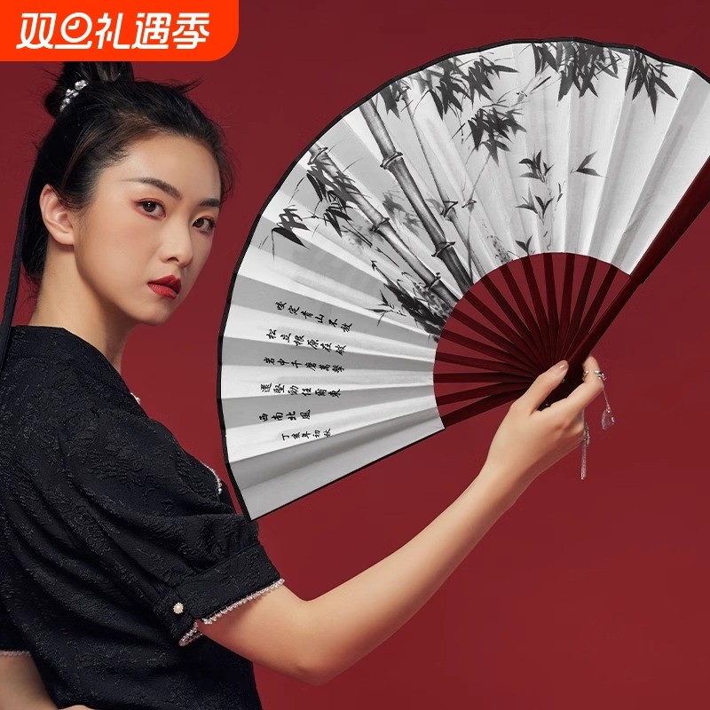 10寸古风扇子折扇中国风男士款绢布折叠夏天竹扇随身耐用手工扇面