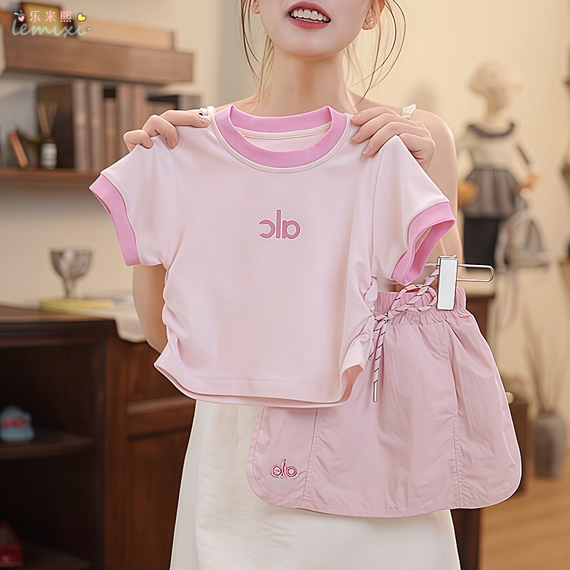 女童夏季短袖半身短裙套装2025拼色字母T恤工装裙速干运动裙裤潮