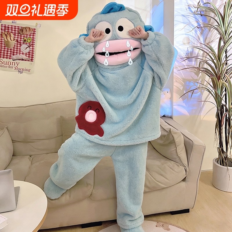 汉顿丑鱼可爱搞怪套装睡衣男女情侣亲子秋冬加厚珊瑚绒卡通家居服