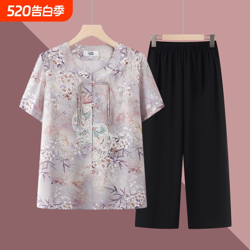 老人衣服奶奶中老年人两件套上衣夏天夏装女国风套装妈妈短袖衬衫