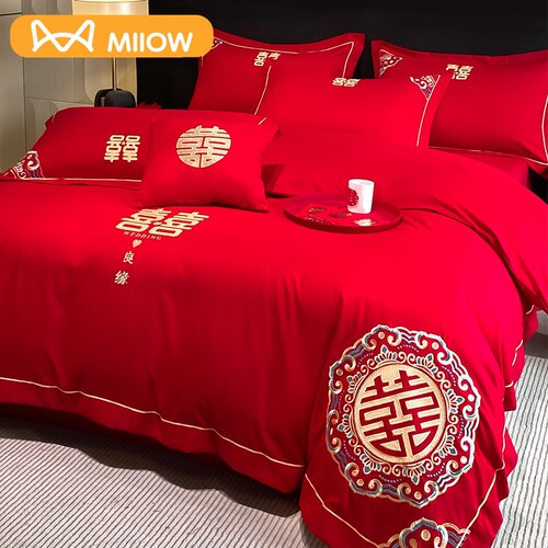 猫人中式结婚四件套婚房喜被大红色婚庆床单被套罩高级感新婚床品