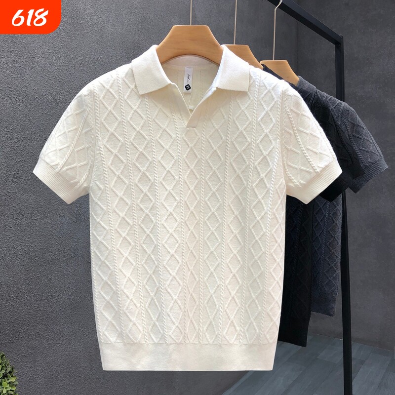 欧洲站夏季新款短袖针织衫男POLO衫V领修身T恤白色黑色收口灰色