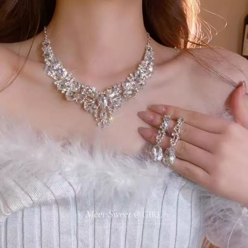 欧美夸张水滴流苏项链耳环套装女2025新娘婚纱首饰礼服锁骨配饰