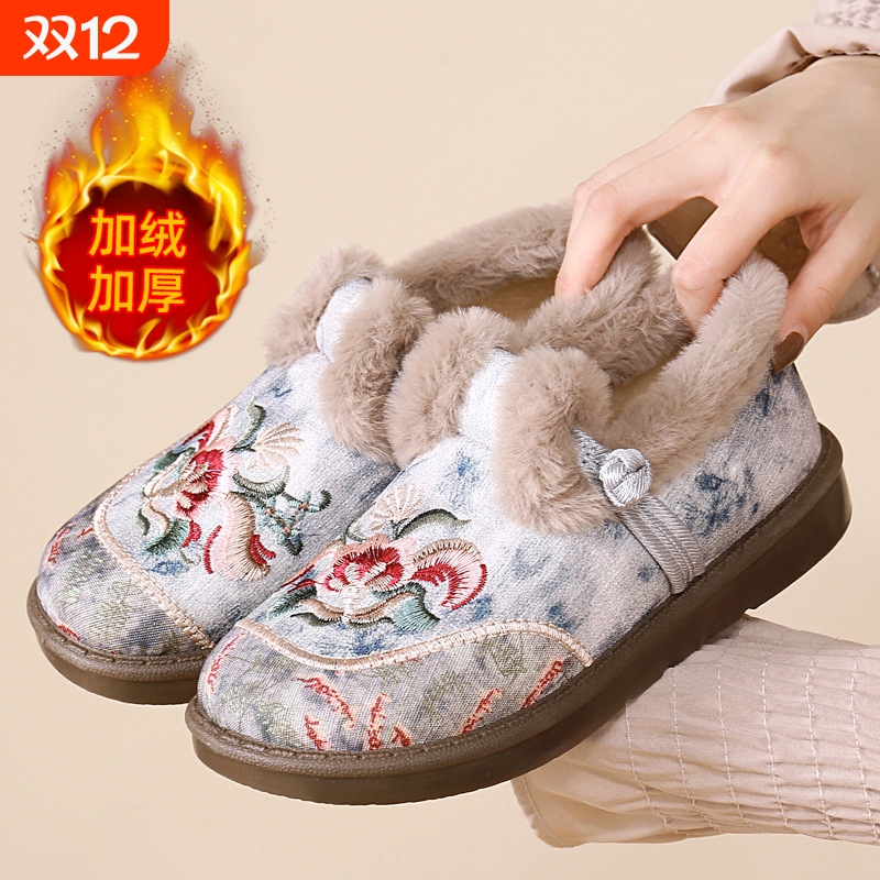 2025新款棉鞋女加绒加厚保暖妈妈鞋软底一脚蹬防滑厚底绣花鞋刺绣