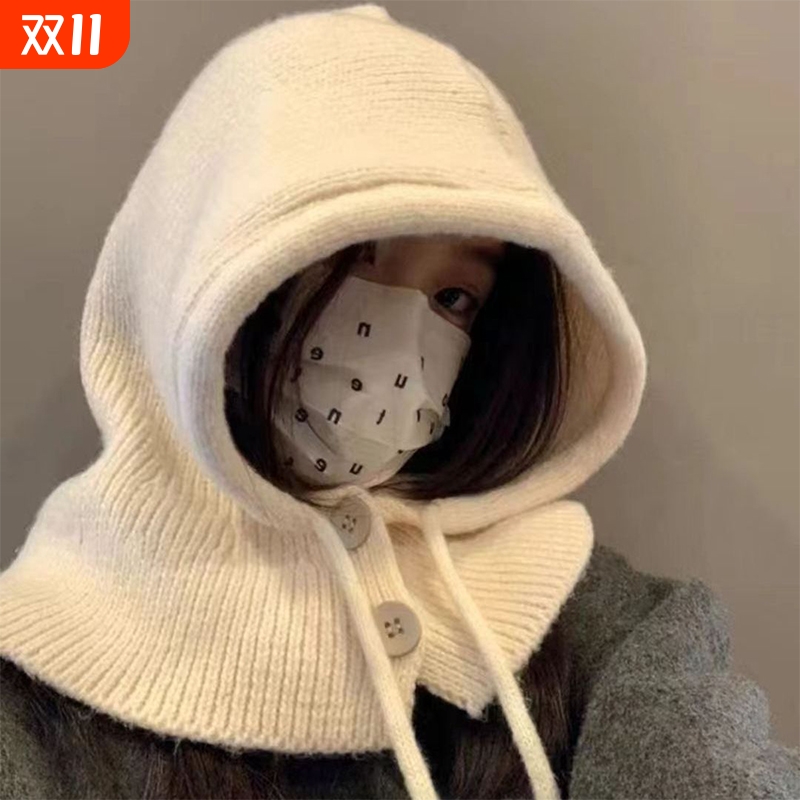 巴拉克拉法帽女秋冬帽子围巾一体护耳帽大头围灰色针织包头帽