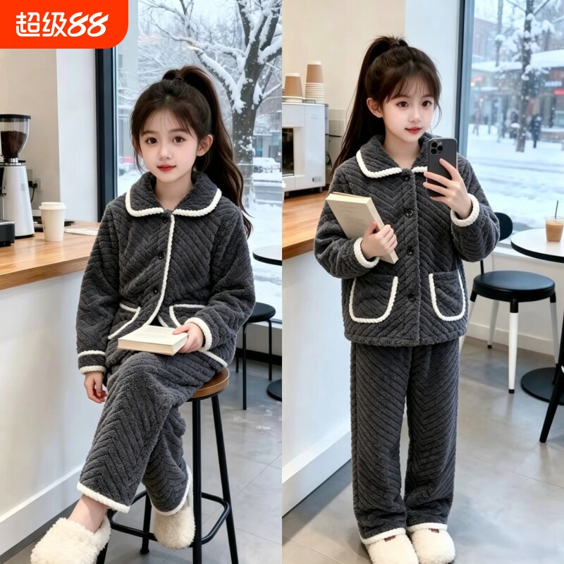 儿童法兰绒睡衣女童可外穿加绒图片