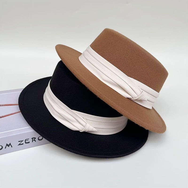 简约毛呢礼帽女平顶法式礼帽秋冬款英伦复古百搭平檐爵士帽男