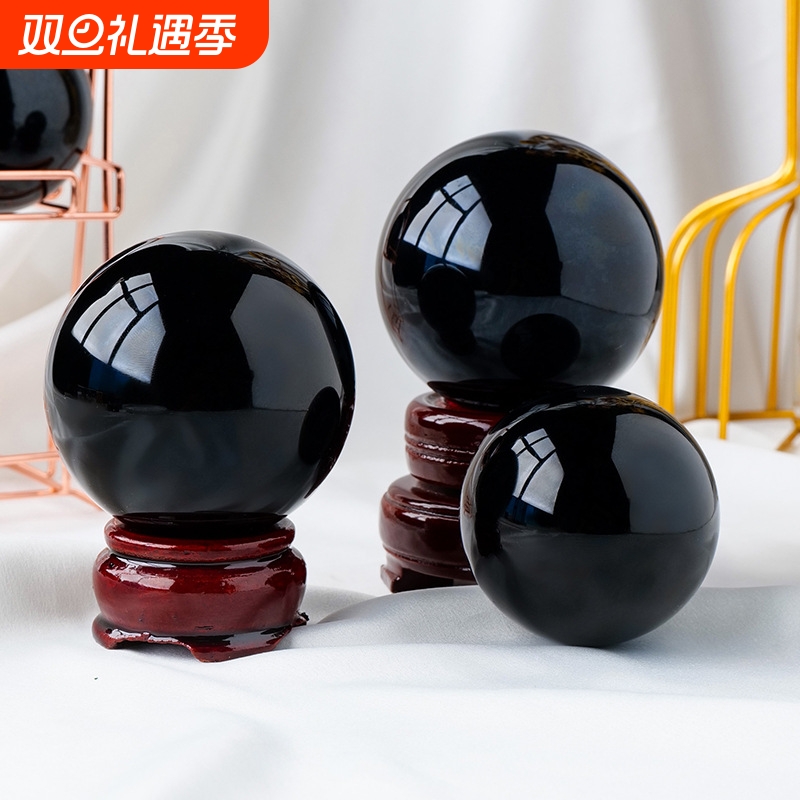 黑曜石水晶球摆件原石打磨黑曜石七星阵能量石风水球开业礼品批发