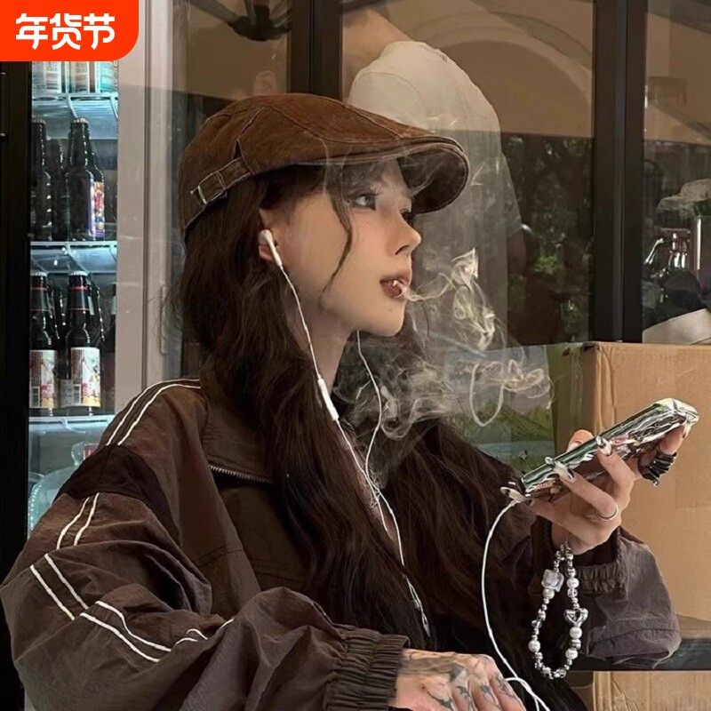 美式复古咖色牛仔前进帽女夏y2k亚比帽子美拉德鸭舌帽棕色贝雷帽
