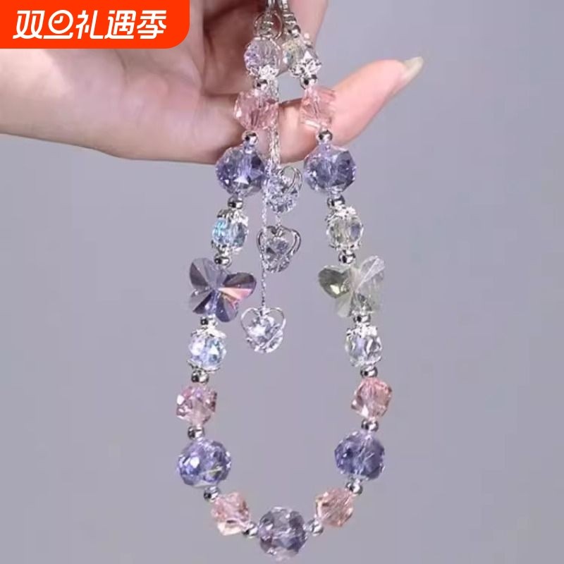 【紫韵甜心】爆闪紫色爱心流苏手机链手机挂绳小包相机挂件挂饰发